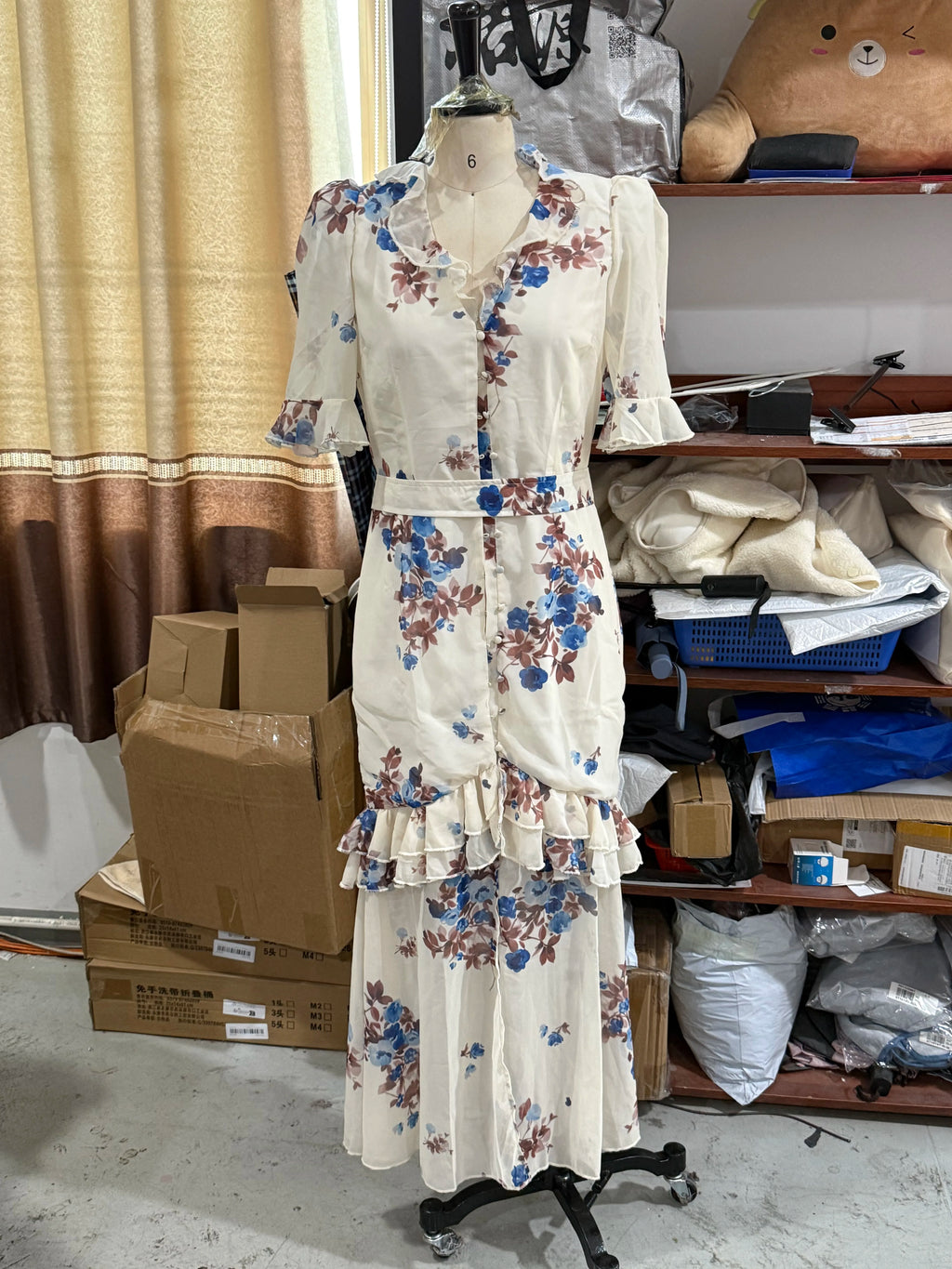 V Neck High Split Half Sleeve Slim Long Dress Print Waist Cinching Ruffle Hem Maxi Robes 2026 Women Party Vacation Vestidos
