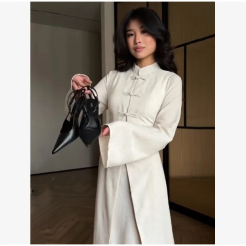 Chinese Style Frog Button Two Piece Set Long Flared Sleeve Ruched Waist Traditional Oriental Outline Sets Spring Picnic Outfit
