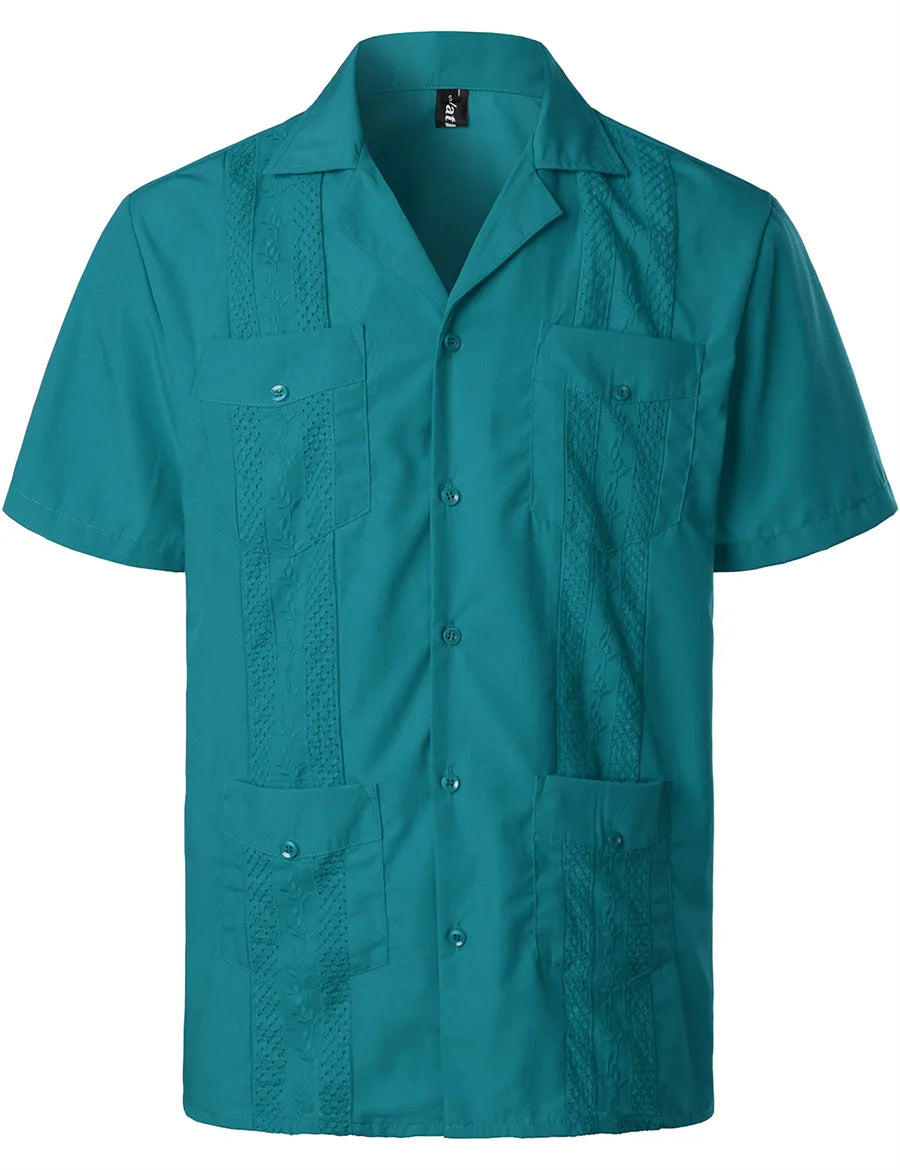 Mideast Men's Guayabera Shirts Four Pockets Embroidered Short Sleeve Shirts Summer Men Mexican Cuban Button Shirt