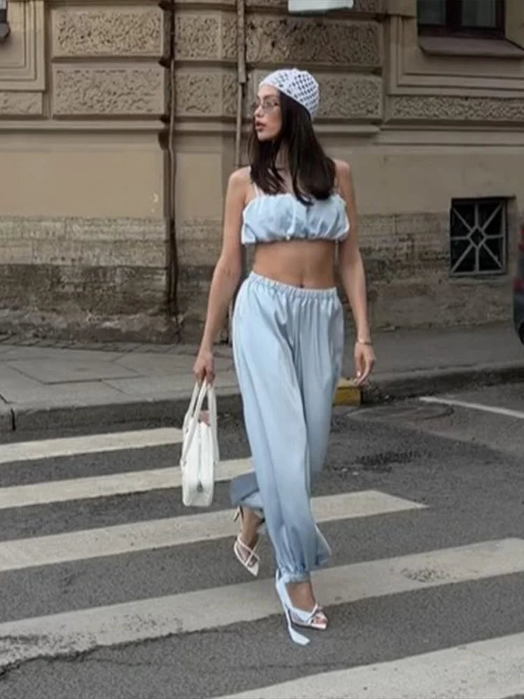 Women's Trousers 2 Pcs Suits Pleated Spaghetti Strap Cropped Tube Tops Elastic Waist Lace Up Pants Charming Ladies Partywear New