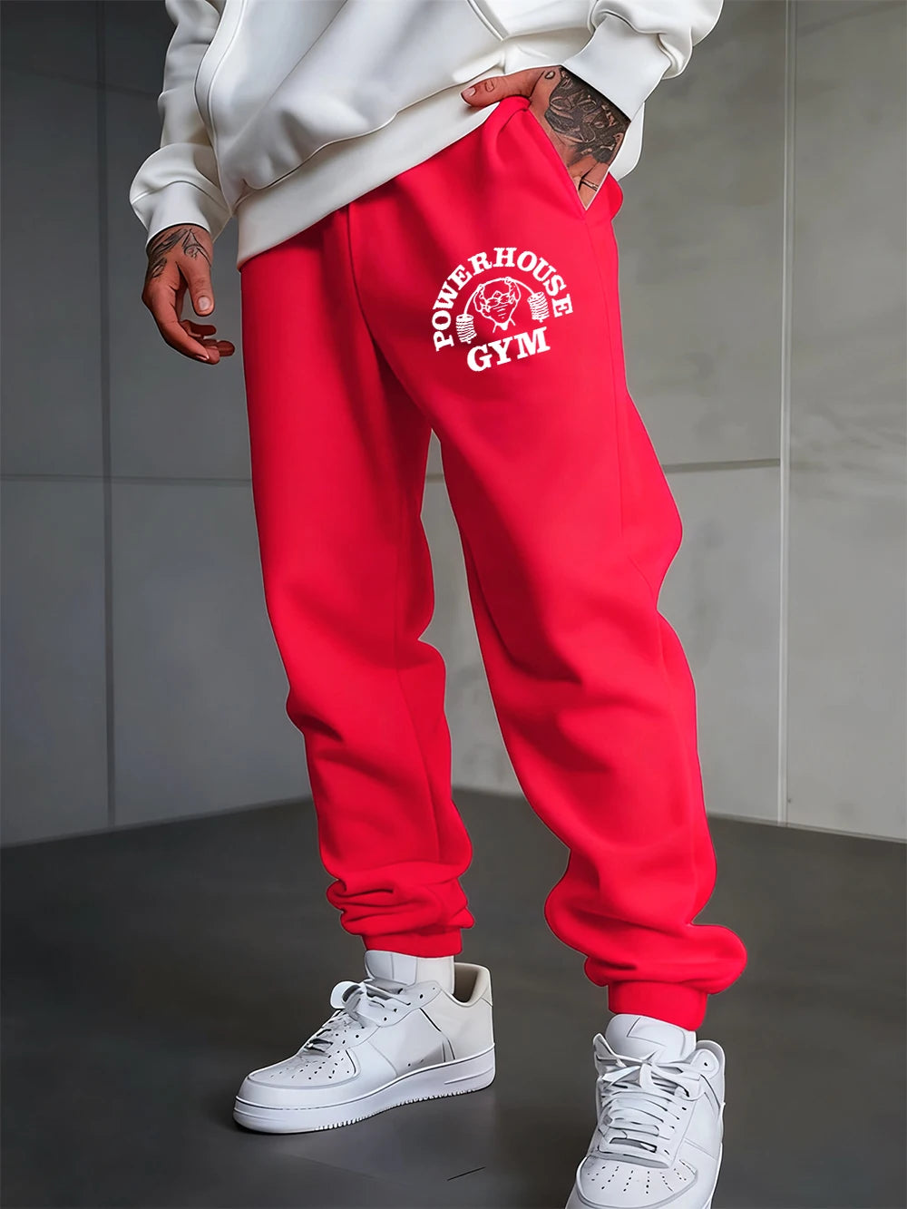 Powerhouse Gym Letter Printed Sweatpants Men'S Basics Trousers Elastic Waist Loose Pocket Pants Casual Fleece Warm Men Clothing