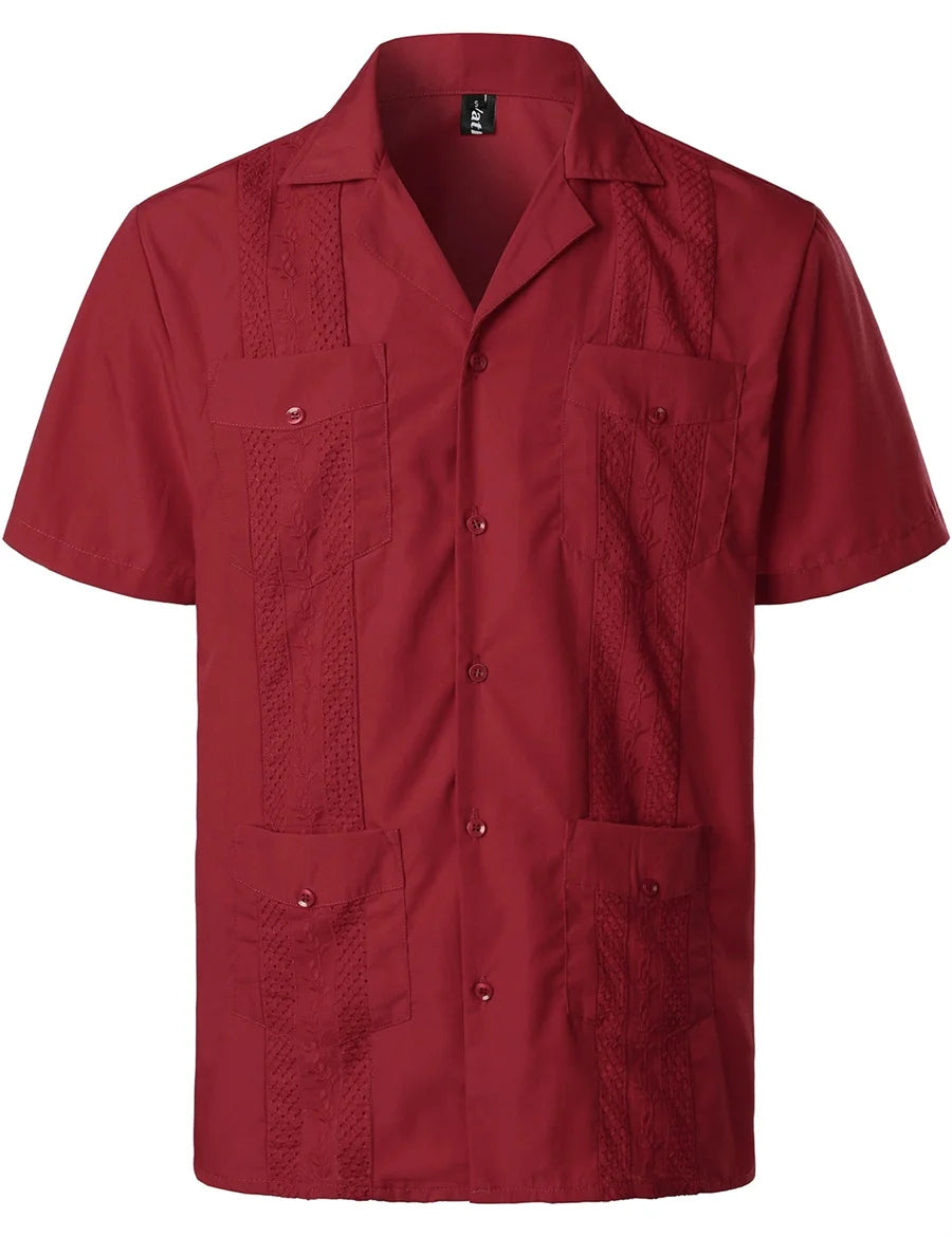 Mideast Men's Guayabera Shirts Four Pockets Embroidered Short Sleeve Shirts Summer Men Mexican Cuban Button Shirt