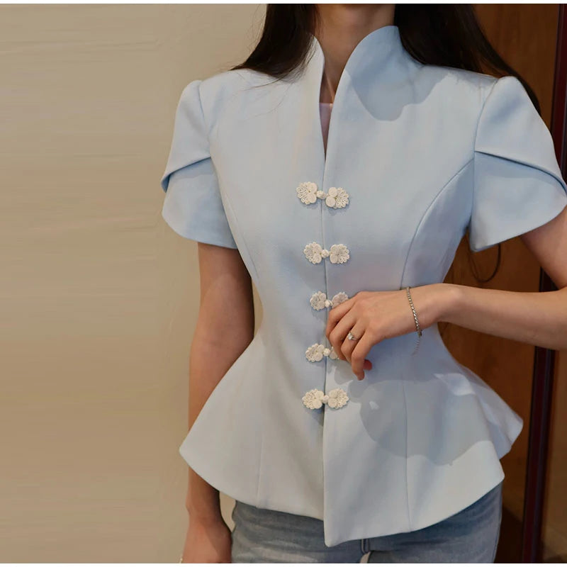 2026 Spring Summer Short Puff Sleeve Frog Button Shirt For Women Stand Collar  Single Breasted Blouse Lady Chic Street Party Top