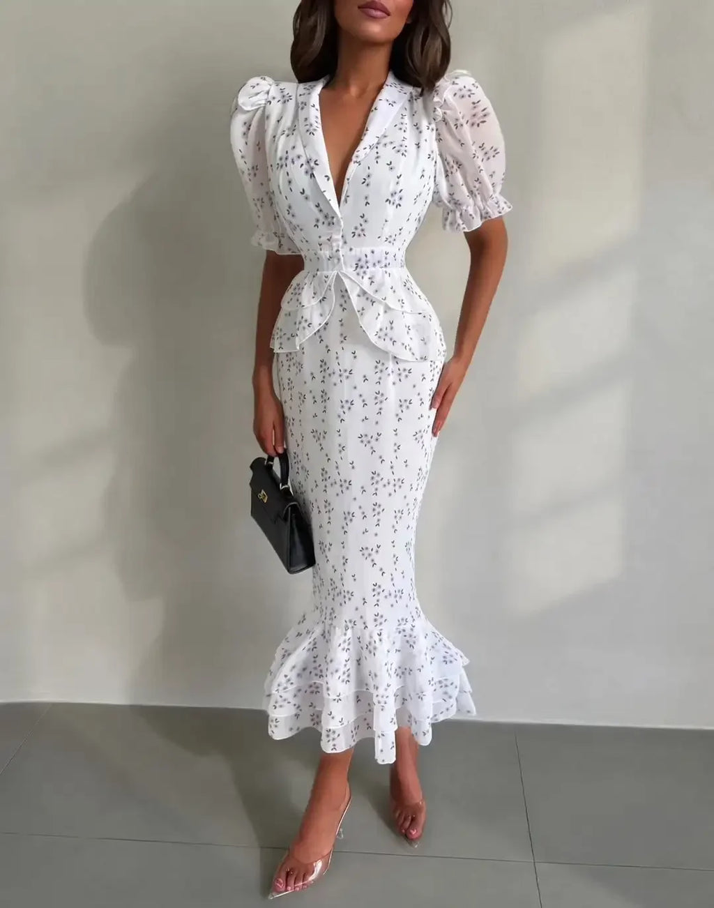Women Elegant Printed V-neck Dress Chic Lapel Waist Cinched Pleated High Waisted Dresses 2026 Summer New Lady Vacation Gowns