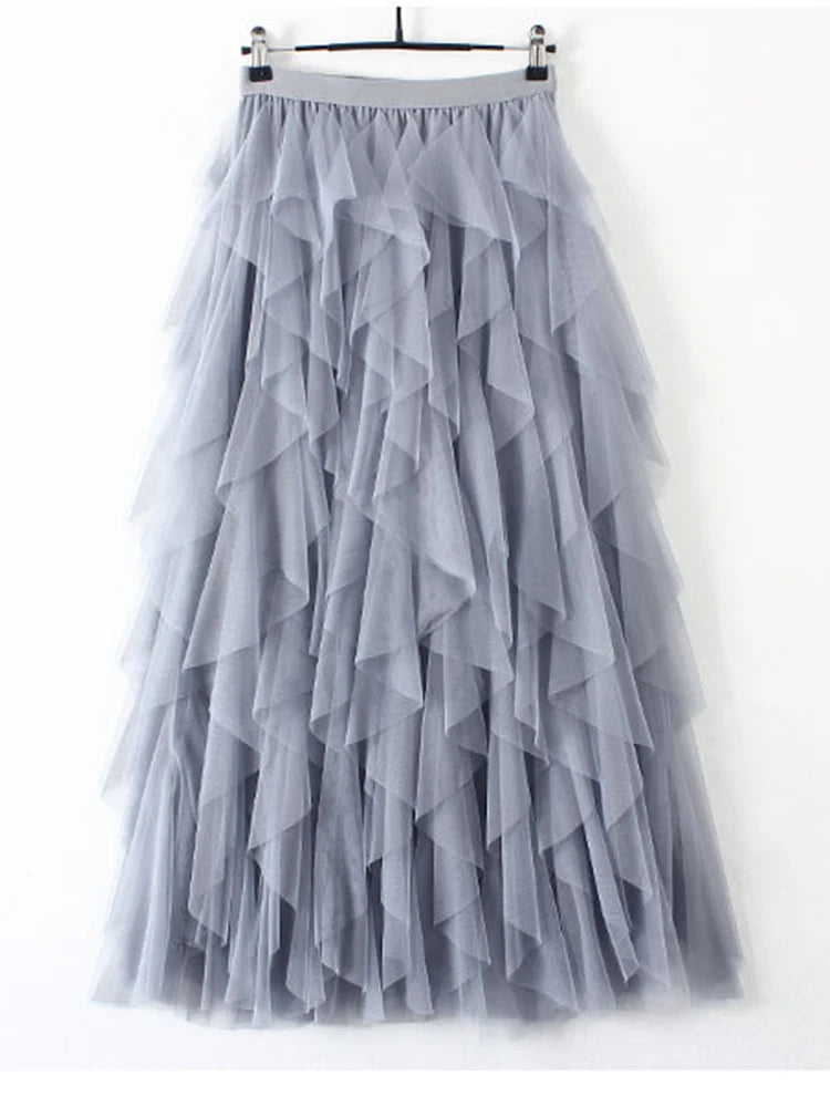 Tutu Tulle Long Maxi Skirt Women Fashion 2022 Korean Cute Pink High Waist Pleated Skirt Mesh Female Lady Aesthetic Faldas
