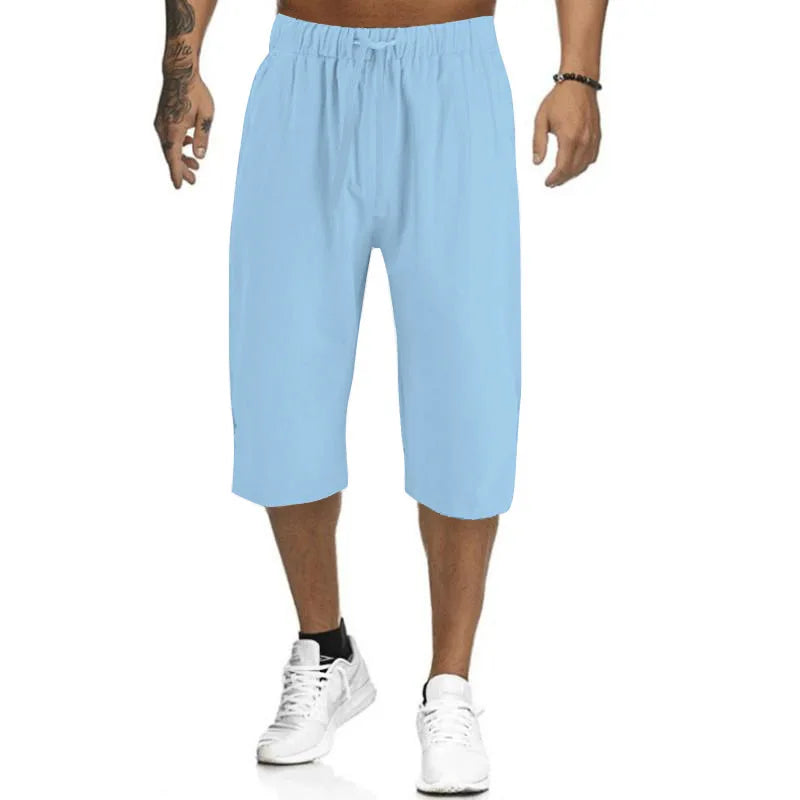 2024Summer Muscle Men's New Loose Solid Color Breathable Casual Sports Business High Street Fashionable Cropped Pants